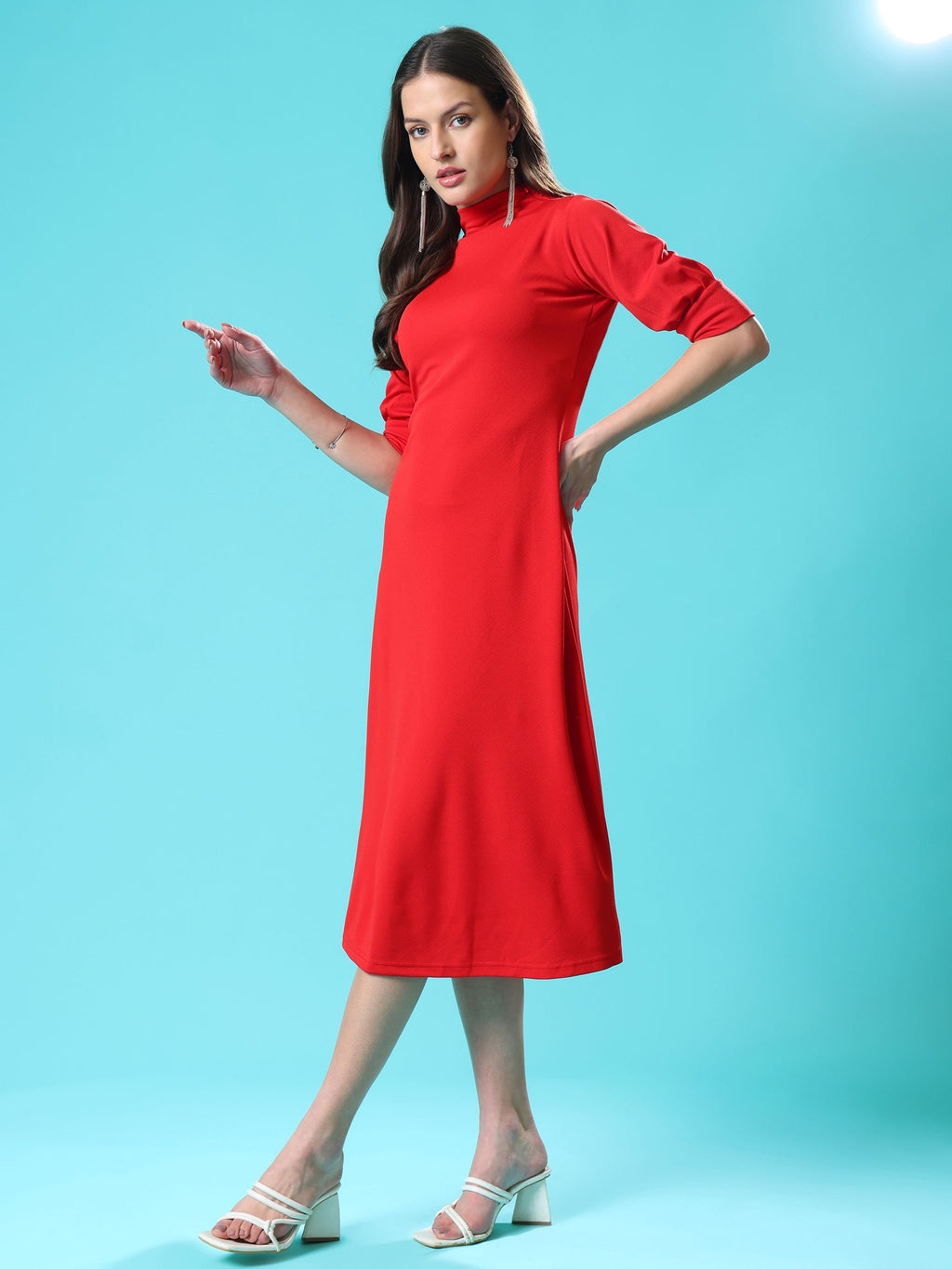 Women's A-Line Elbow Sleeve Red Dress