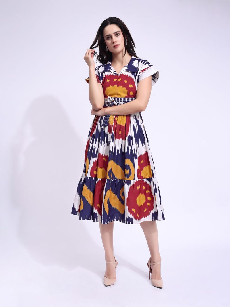 Women's Beige Fit & Flared Midi Cap Sleeve Dress