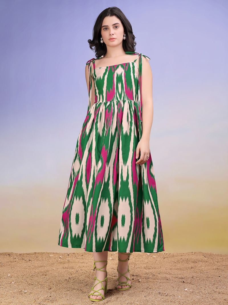 Women's Printed Fit and Flare Square Sleeveless Green Dress