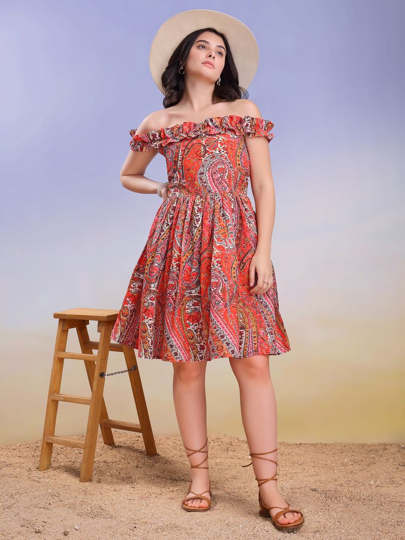 Women's Ruffled Off-Shoulder Mini Length Red Dress