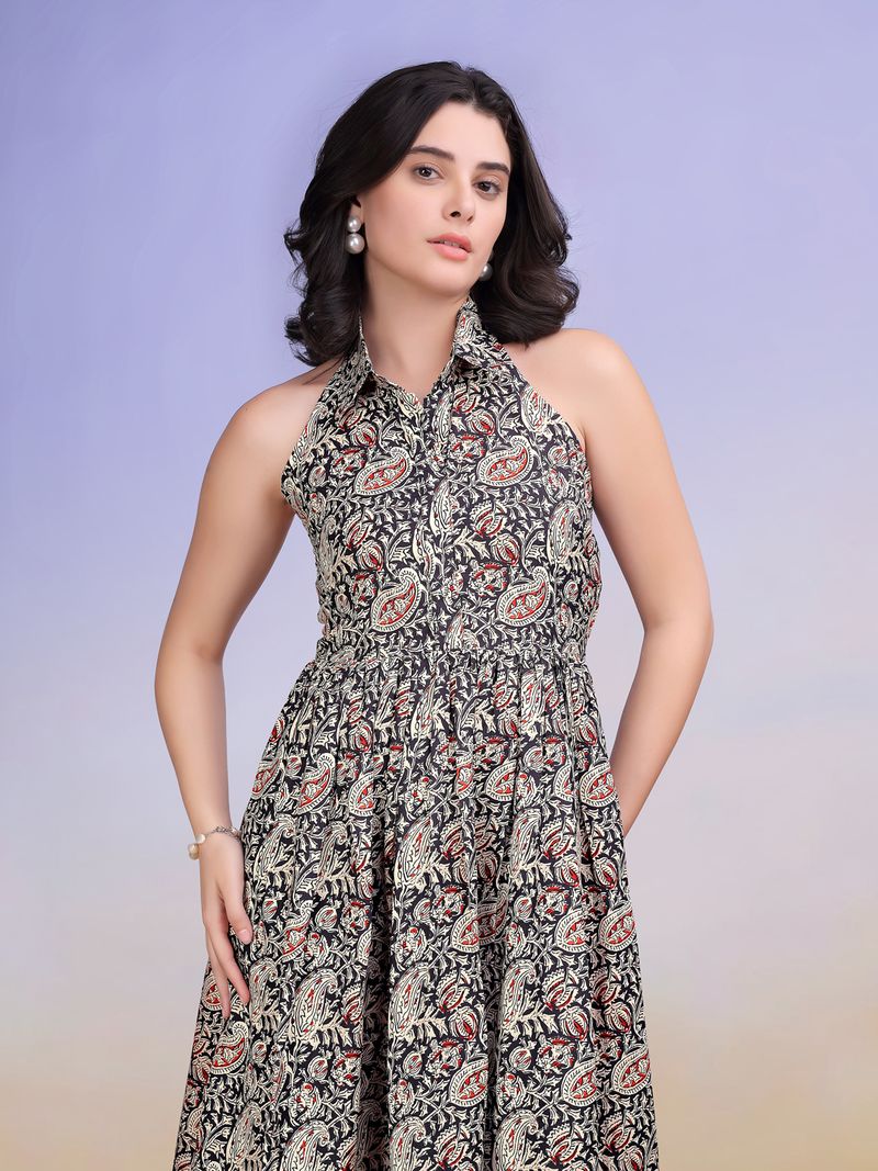 Women's Printed Fit and Flare Maxi Black Dress