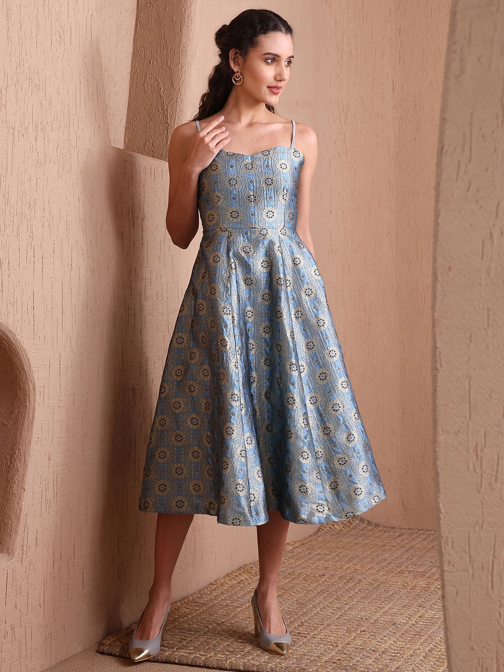 Obshivka Printed Fit and Flare Sky Blue Dress