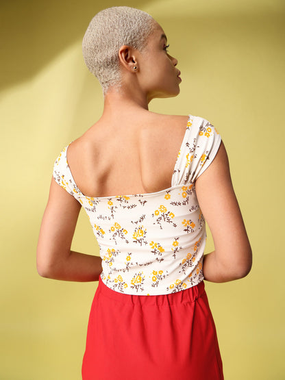 Yellow Off-Shoulder Floral Print Top