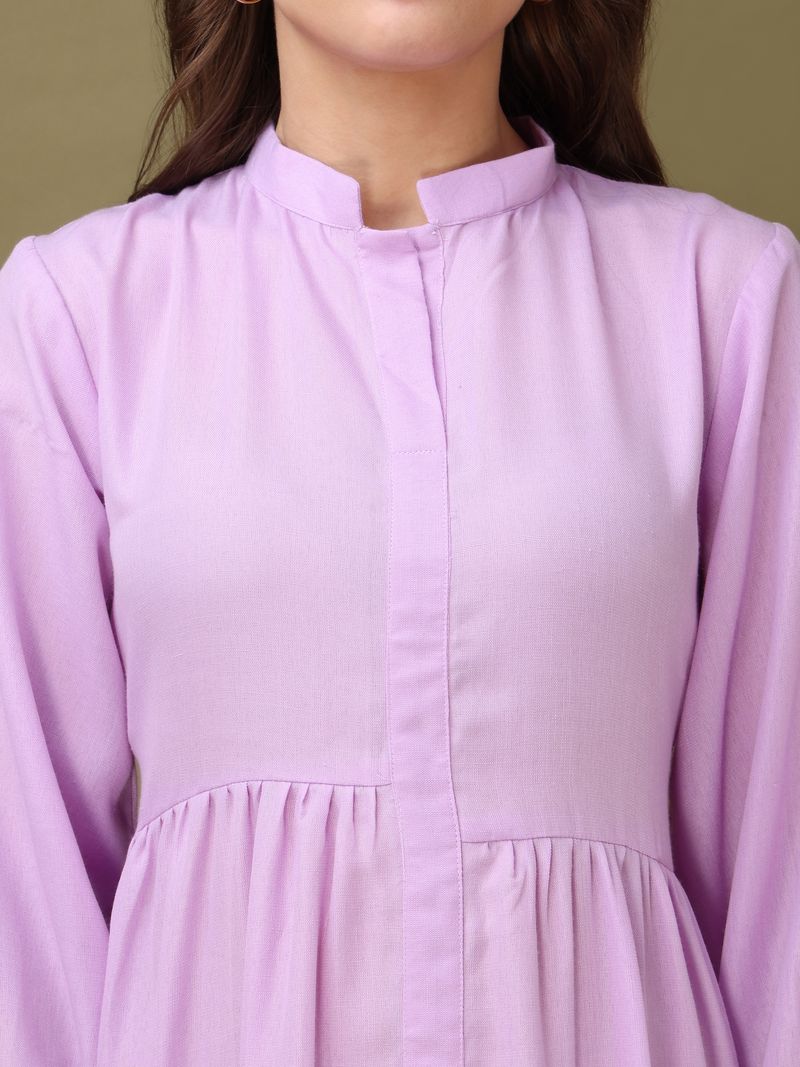 Women's Purple Solid Fit & Flare Midi Puff Sleeve Dress