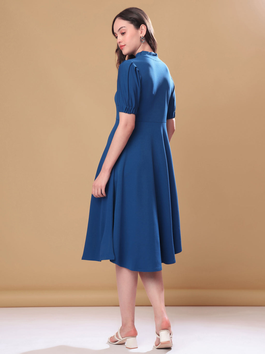 Women's Knee Length Flared Teal Dress