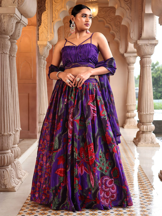 Chinon Printed With Siroski Work Purple Lehenga Choli