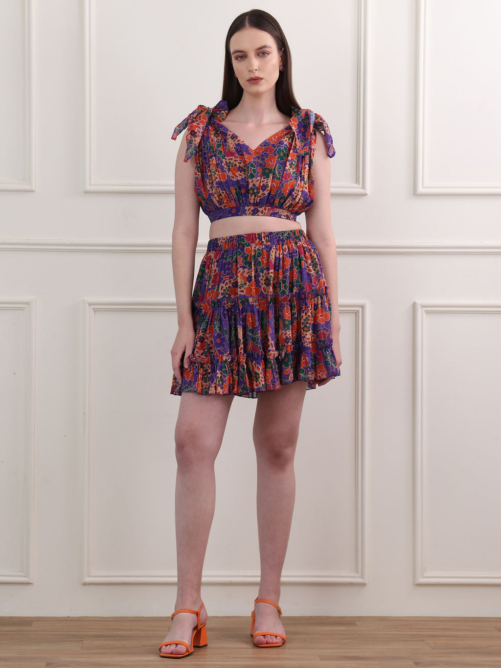 Women's Purple Sleeveless V-Neck Top & Skirt Sets