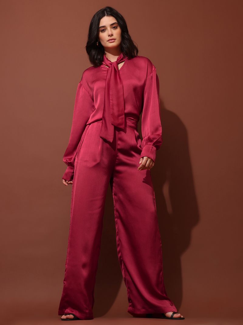 Women's Red Solid Silk Blend Tie-Up Stylized Co-Ords