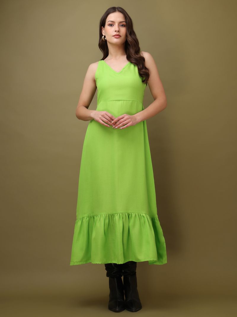 Women's V-Neck Midi A-Line Sleeveless Green Dress