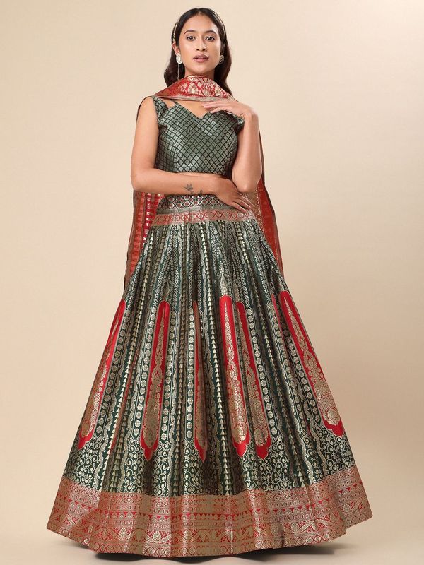 Women Embellished Flared Dark Green Lehenga Choli