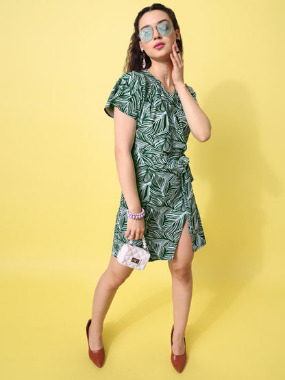 Overlap Green V Neck Dress