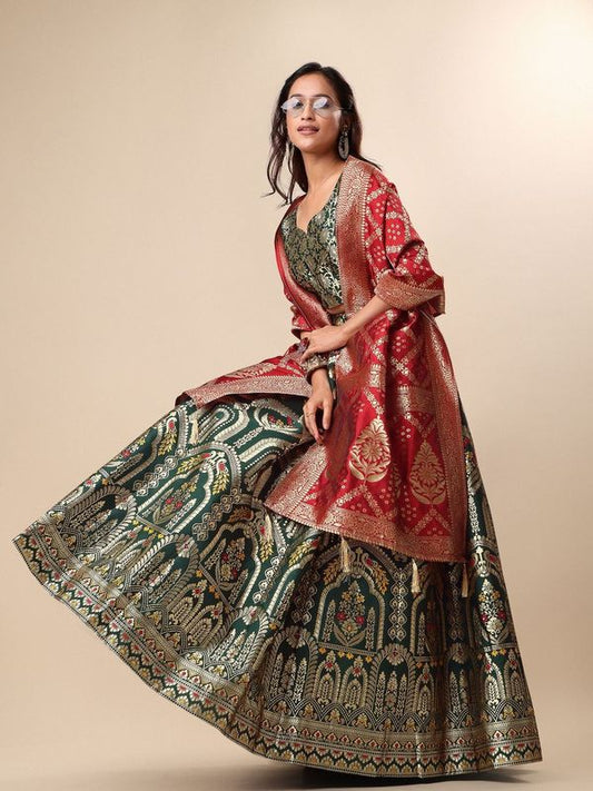 Women Green Embellished Print Lehenga