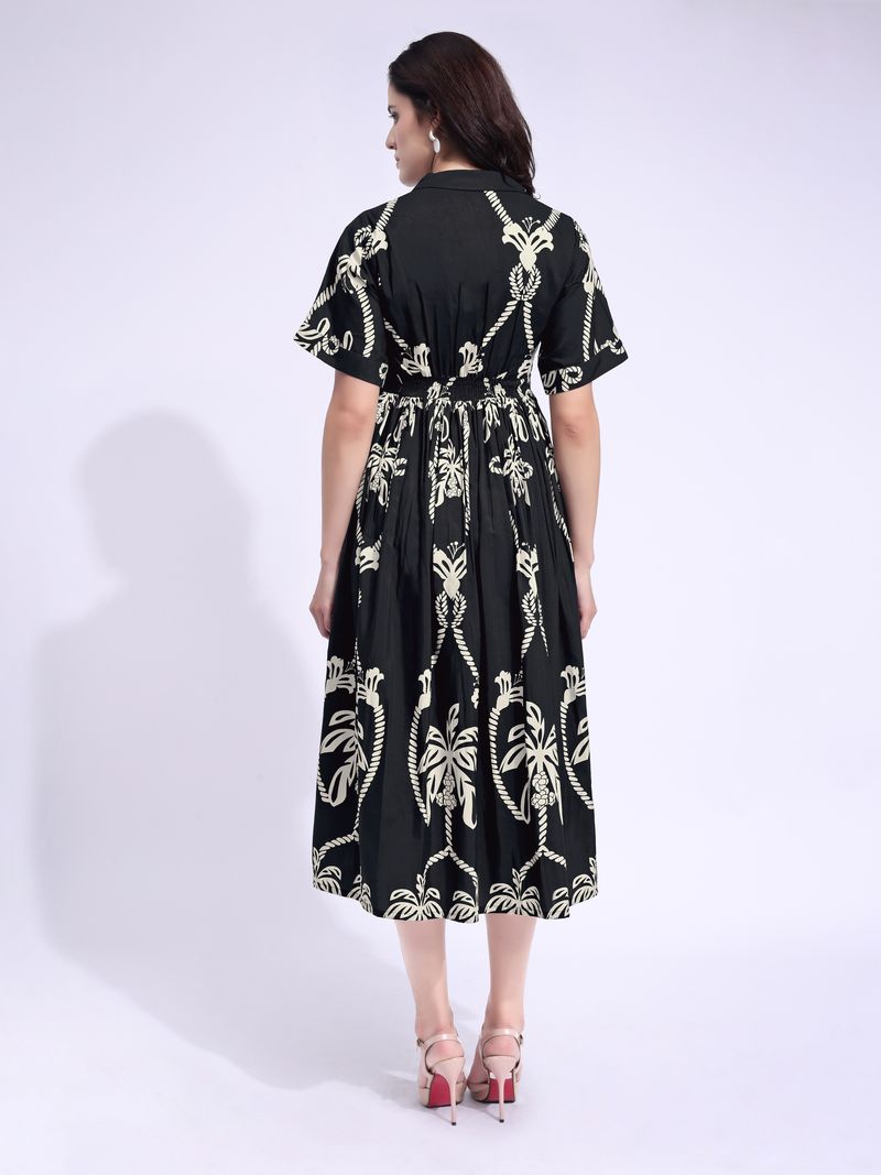 Women's Black Fit & Flared Midi Stylish Sleeve Dress