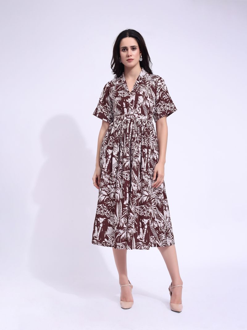 Women's Brown Fit & Flared Midi Stylish Sleeve Dress