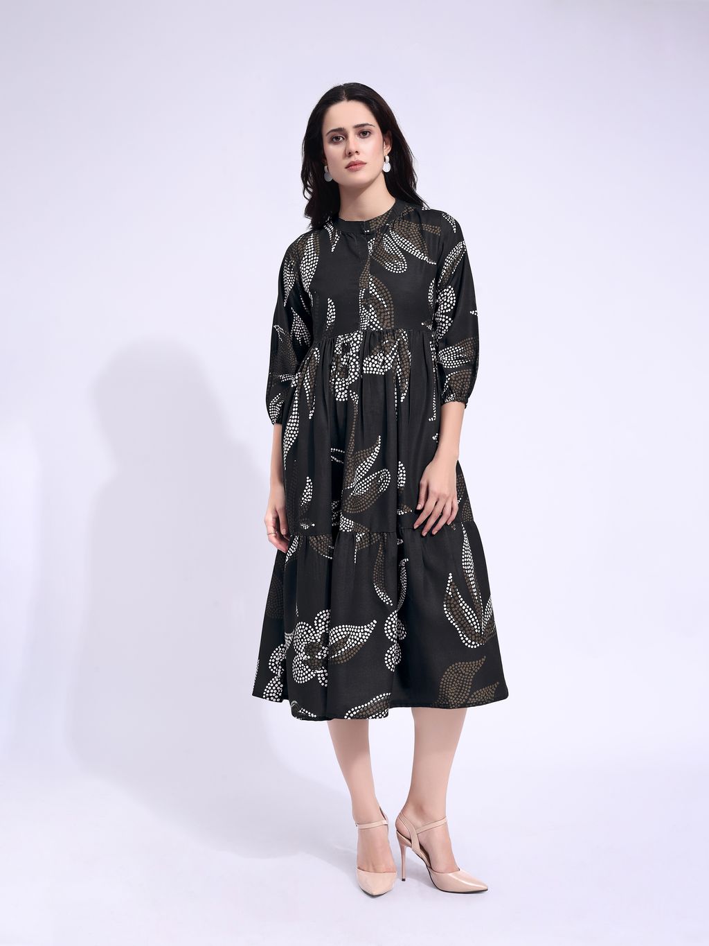 Women's Black Fit & Flared Midi Puff Sleeve Dress