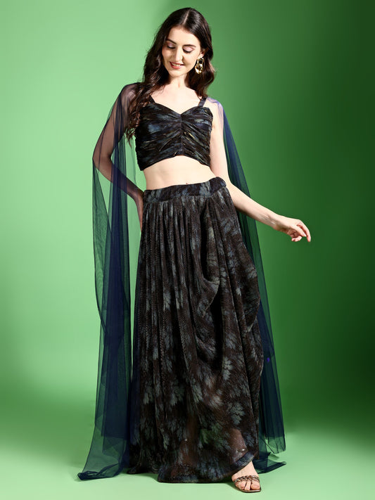 Dhoti-Style Paired Navy Blue lehenga Choli With Net Dupatta