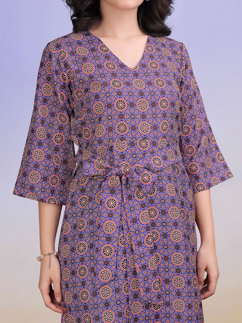 Women's Elegant Wrap Midi Bell Sleeves & Tie-Up Waist Blue Dress