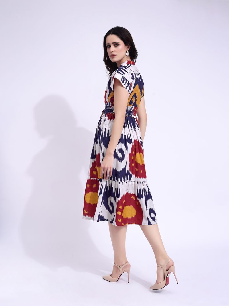 Women's Beige Fit & Flared Midi Cap Sleeve Dress