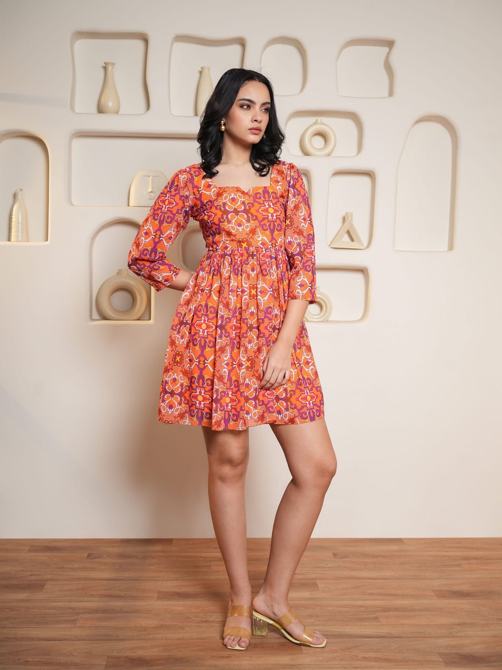 Women Orange Geometric Puff Sleeve Dress