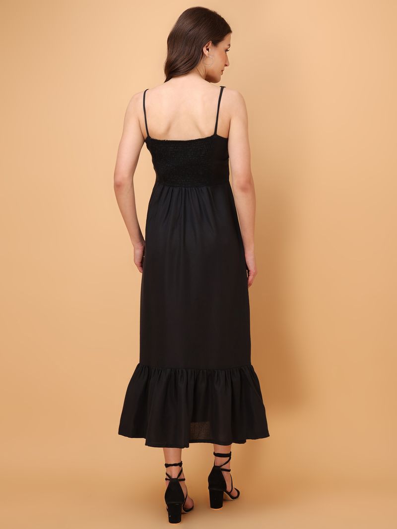Women's V-Neck Midi A-Line Sleeveless Black Dress