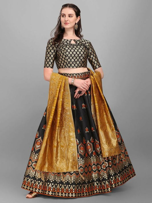 Embellished Floral Woven Black Lehenga Choli