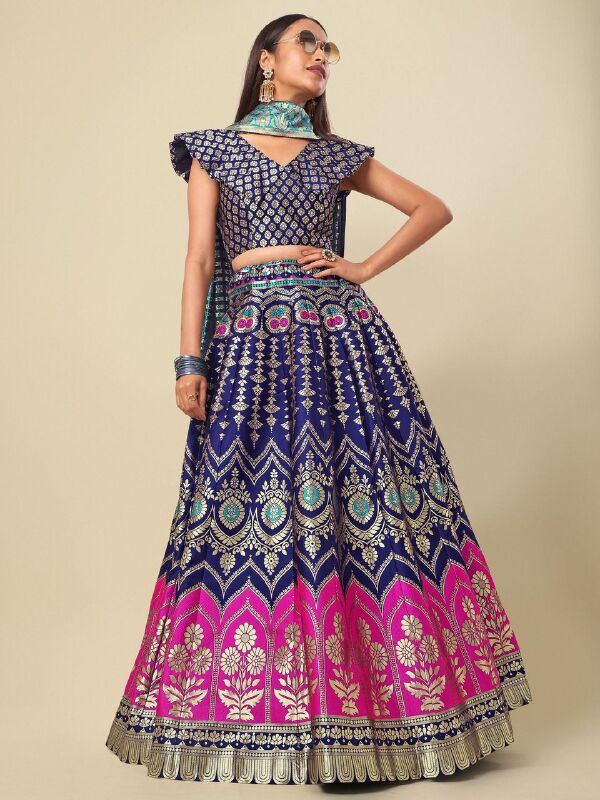 Women Blue Self Design Print Lehenga