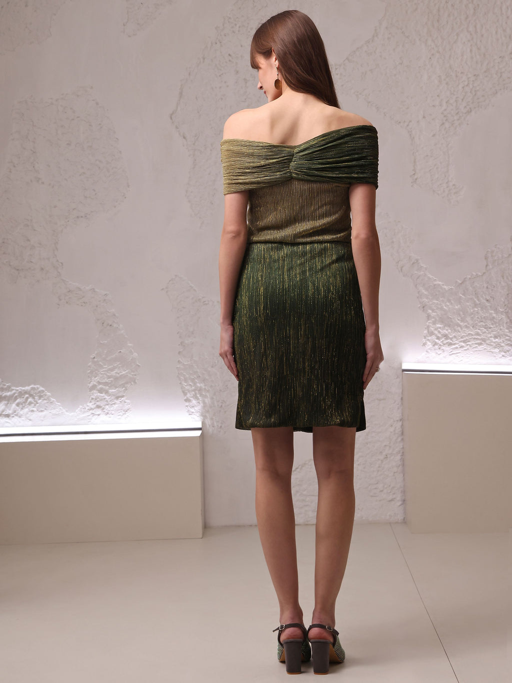 Women's Green Fit & Flare Off Shoulder Dress