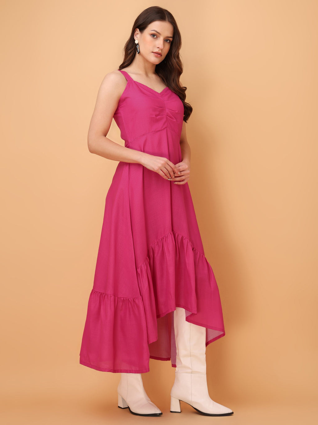Women Ruffle/Fit & Flare Midi Pink Dress