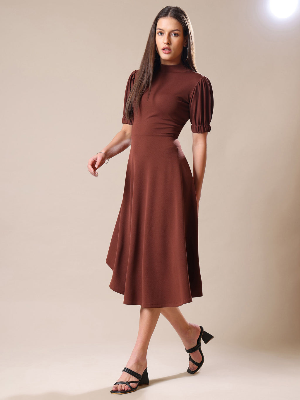 Women's Knee Length Flared Brown Dress