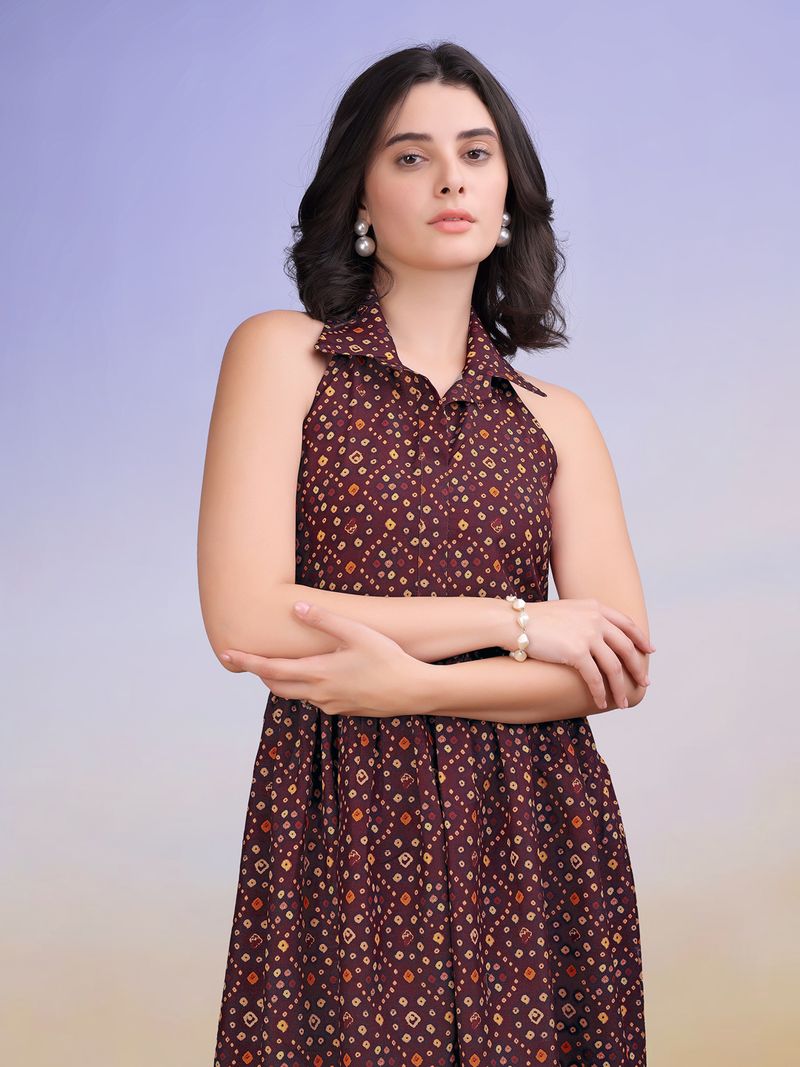 Women's Printed Fit and Flare Maxi Brown Dress