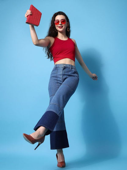 Women Red Round Neck Tank Top