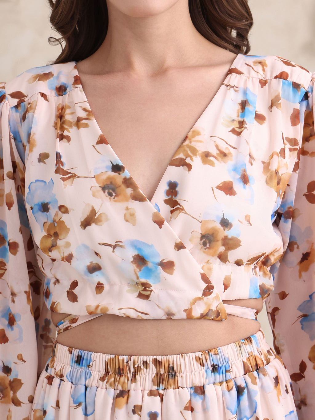 Women's Beige Stylish Puff Sleeve Top & Skirt Sets