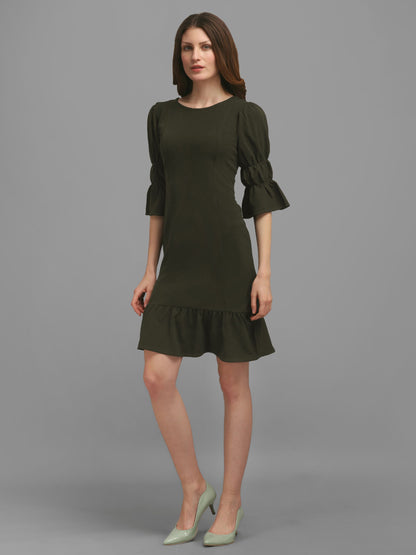 Dark-Olive  Puff Sleeve Bodycon Dress