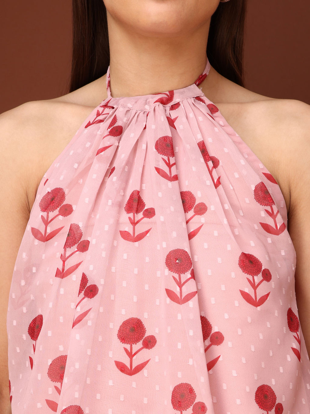 Women Hlater Neck Sleeveless Peach Dress