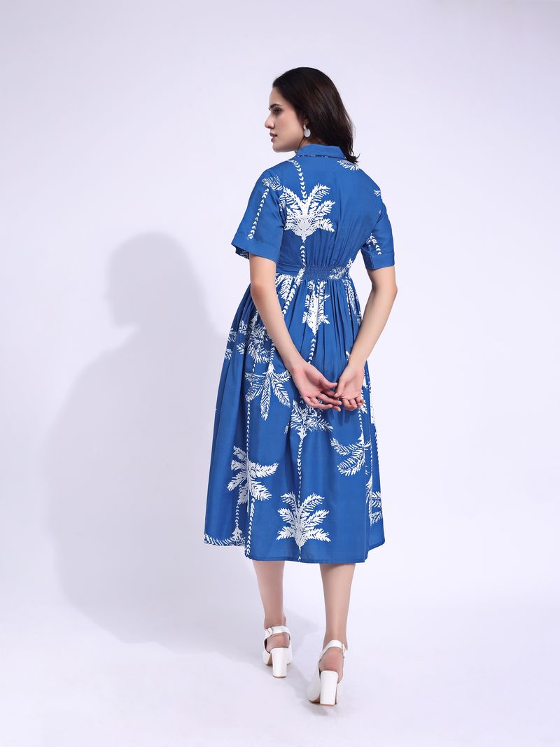 Women's Blue Fit & Flared Midi Stylish Sleeve Dress