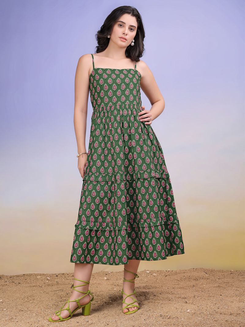 Women's Printed Flare Maxi Green Dress