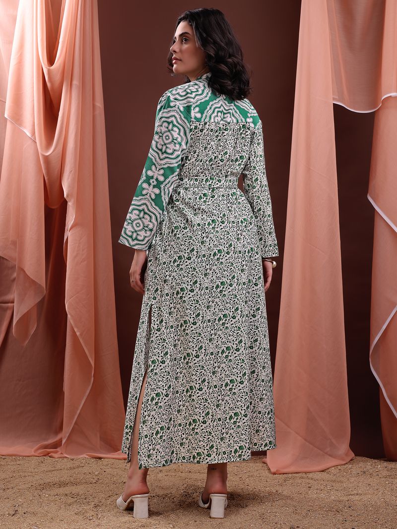 Women's Green A-Line Bell Sleeve Cotton Blend Dress