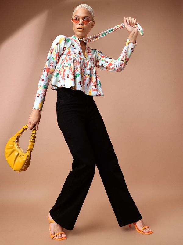 Green Tie-up Neck Peplum Top For Women