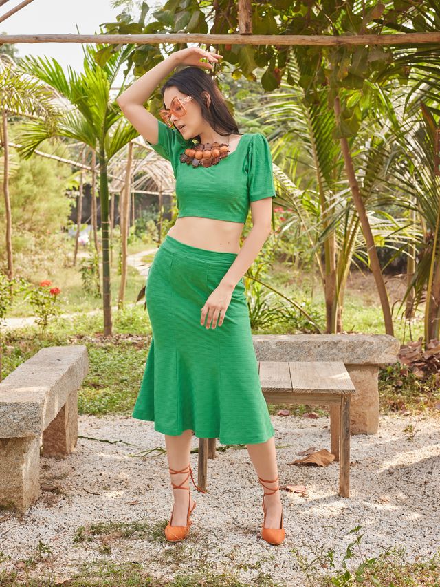 Women Green Fit & Flare Co-ords