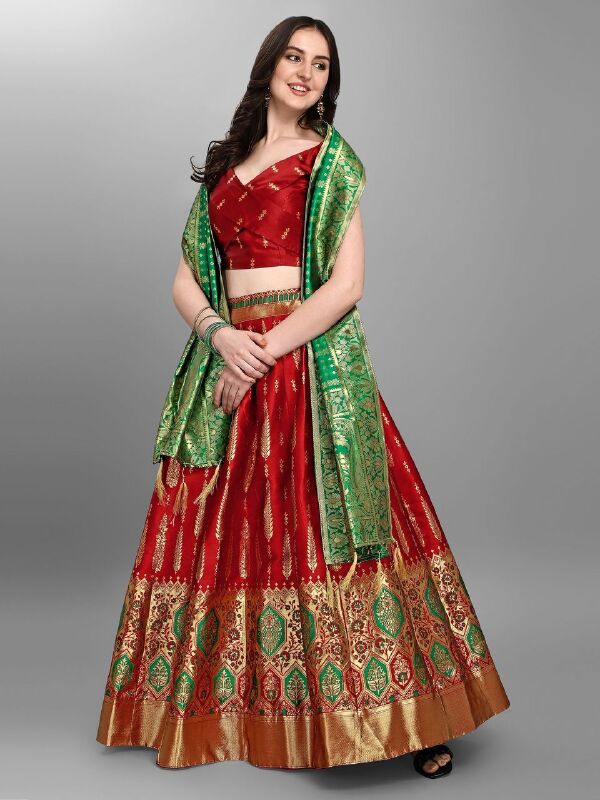 Women Jacquard Red Semi-Stitched Lehenga Choli