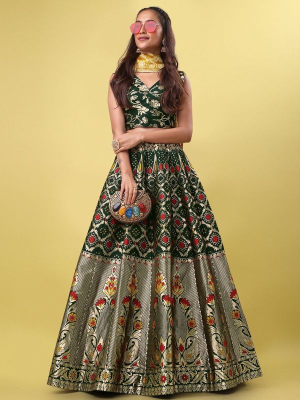 Women Green Jacquard Lehenga