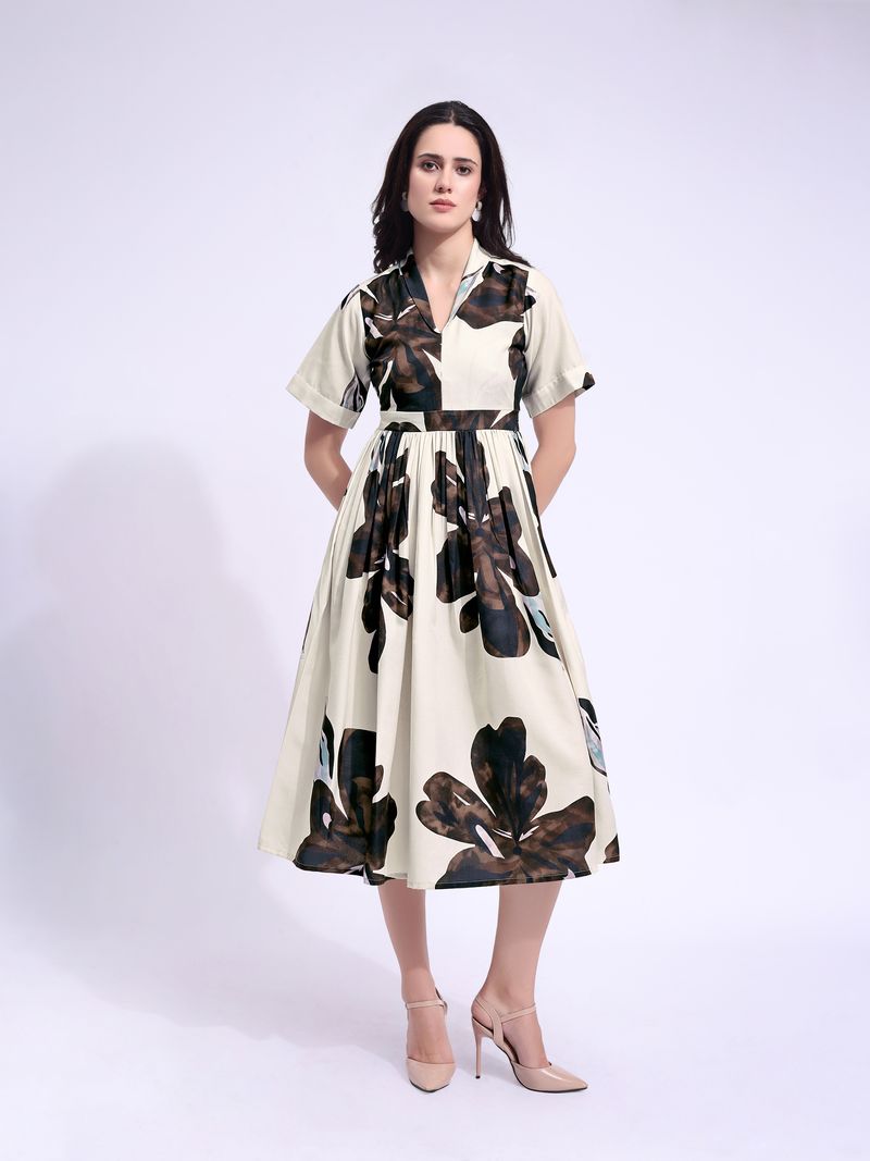 Women's Beige Fit & Flared Midi Stylish Sleeve Dress