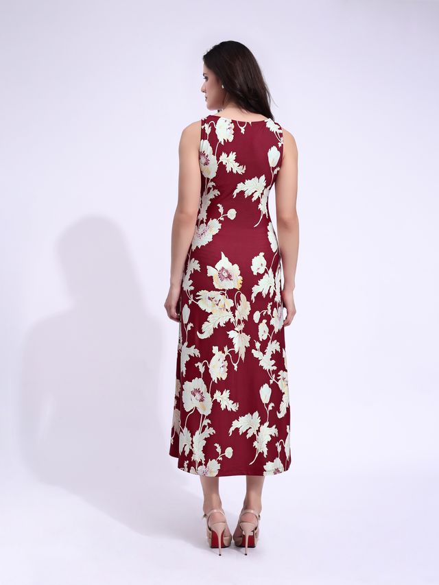 Women's Maroon Printed Maxi  Sleeveless Dress