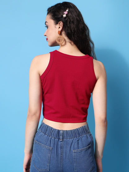 Women Red Round Neck Tank Top