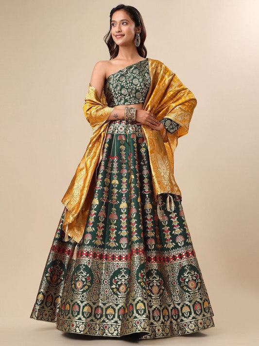 Jacquard Dark Green Semi-Stitched Lehenga Choli