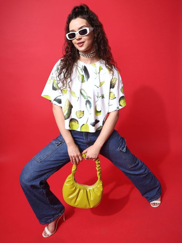 Off White Round Neck Crop Top For Women