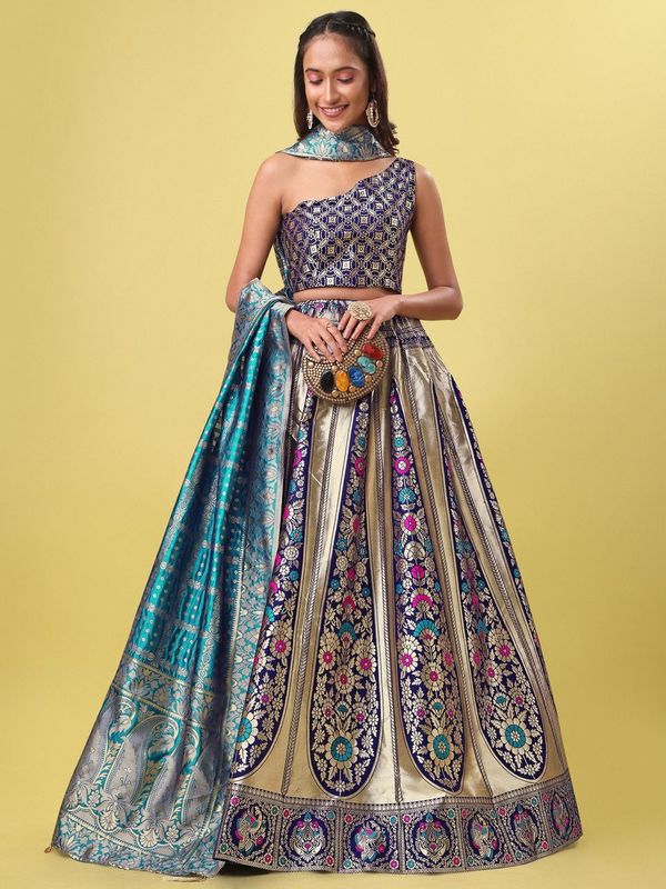 Women Blue Floral Print Lehenga