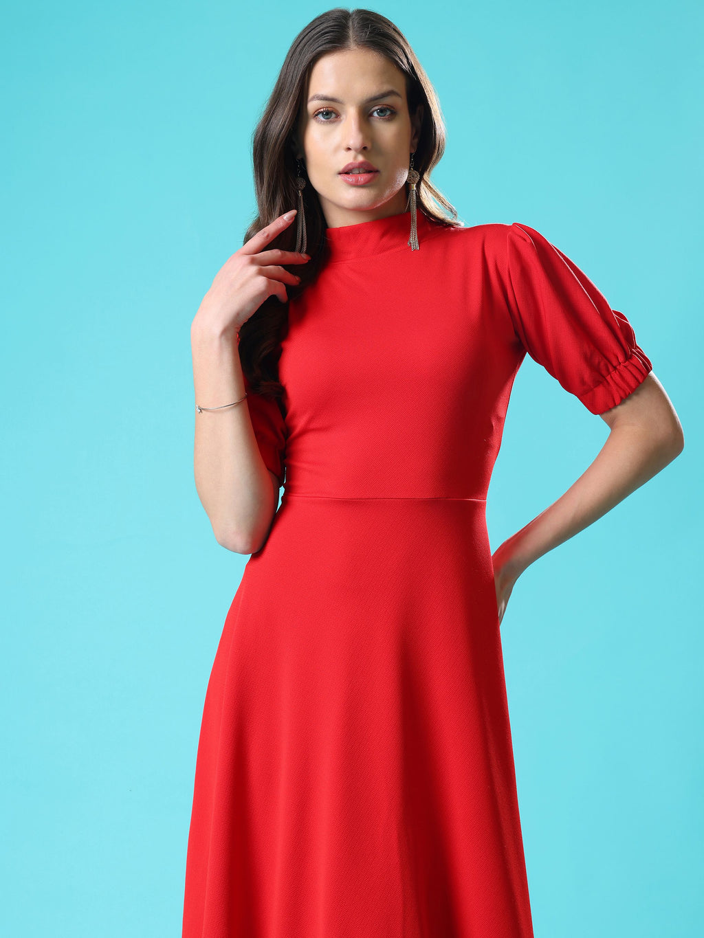 Women's Knee Length Flared Red Dress