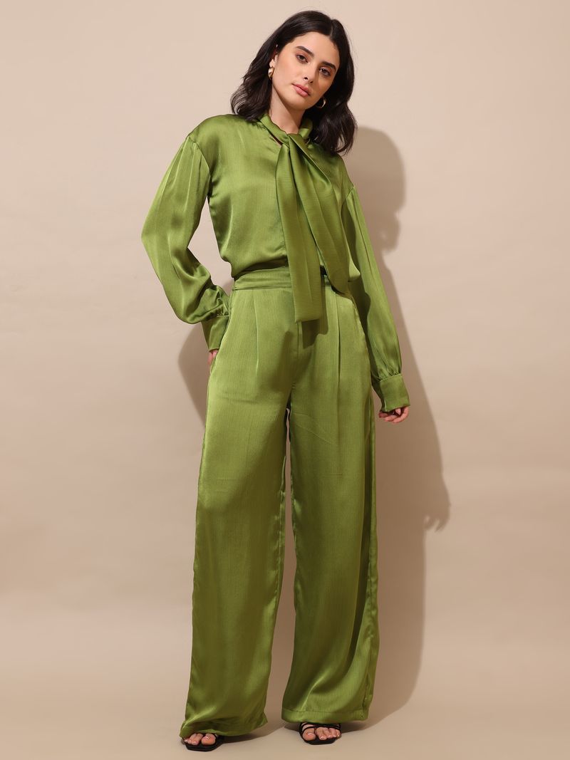 Women's Olive Solid Silk Blend Stylized Co-Ords