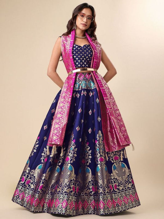 Enhanced Fish Motifs Navy Blue Lehenga Choli